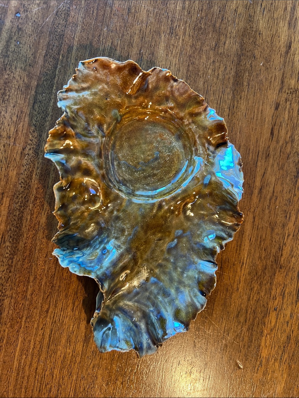 Handcrafted Ceramic Leaf Dish in Brown and Blue